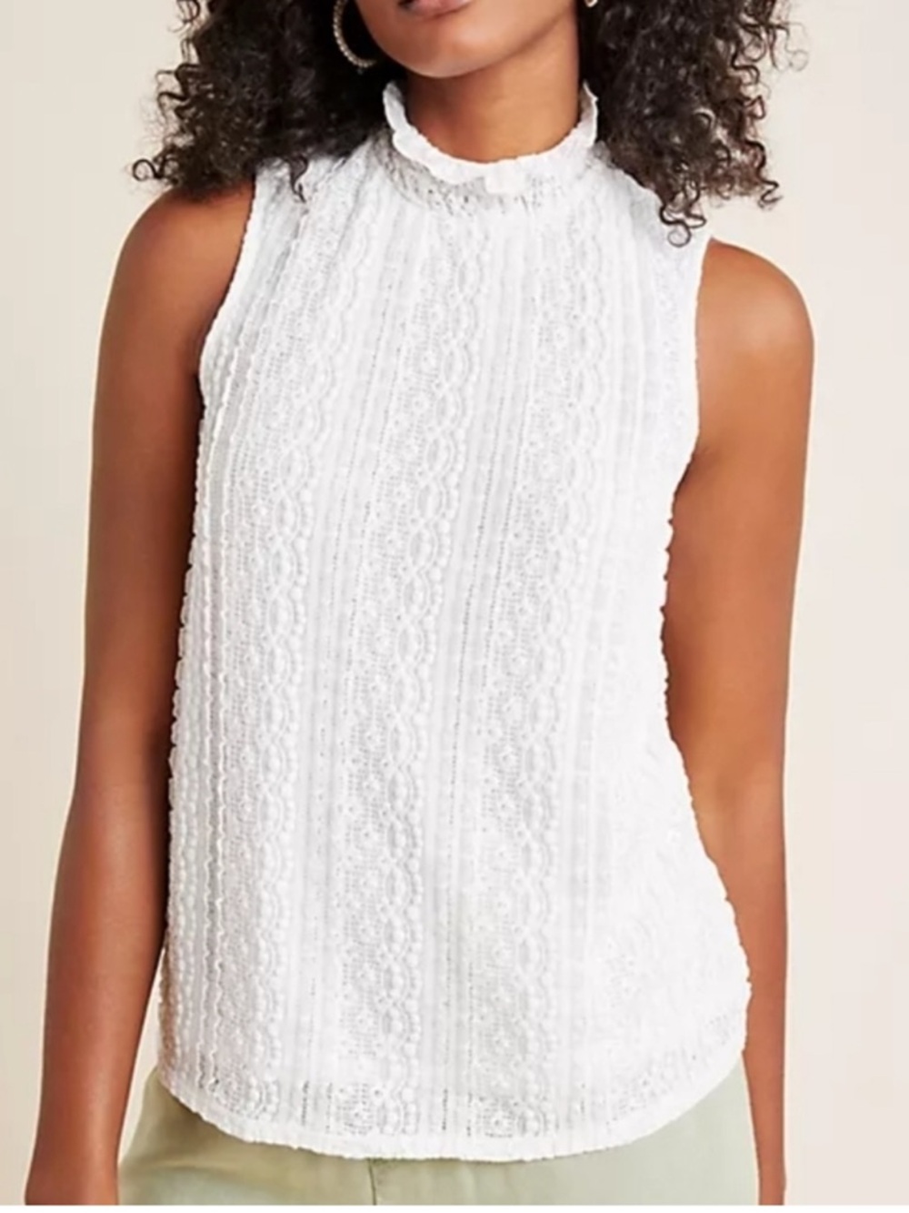 Anthropologie Sleeveless Beige Lace Mock Neck Top